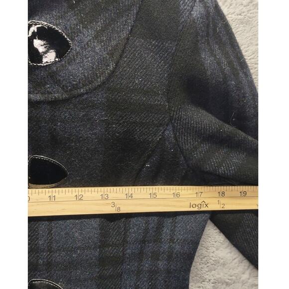 GUESS Plaid Wool Blend Navy Blue Hooded Pea Coat Claw Buttons - Picture 5 of 12